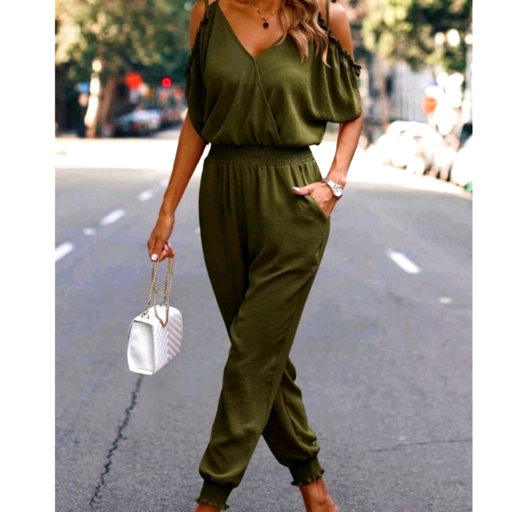 Surplice High Waist Cold Shoulder Strap Jumpsuit Wmn's M Olive Green Flattering
